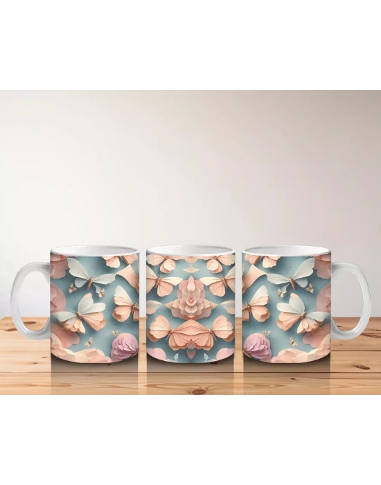 Turkuaz ve Şeftali Tonlarında Rölyef Kelebekler – Baskılı Kahve Kupası