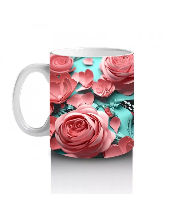 Turkuaz Zemin Üzerinde Pembe Kelebek – Baskılı Kahve Kupası