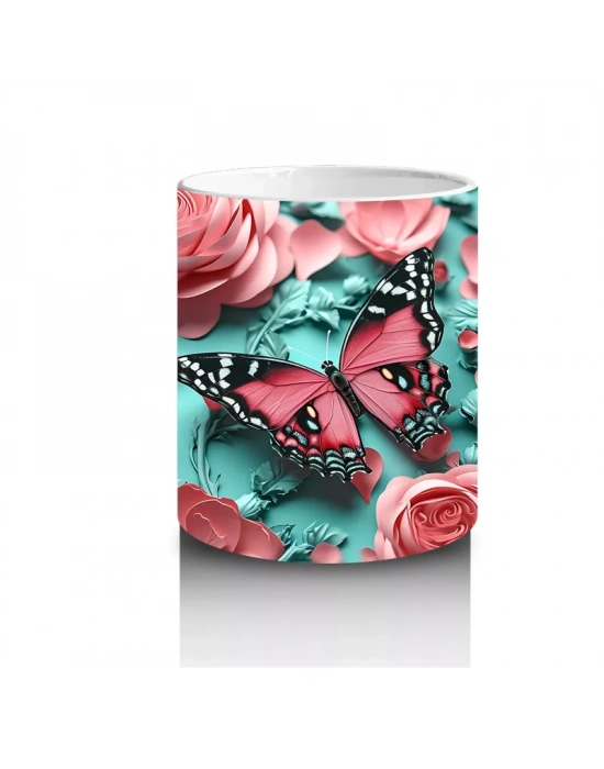 Turkuaz Zemin Üzerinde Pembe Kelebek – Baskılı Kahve Kupası
