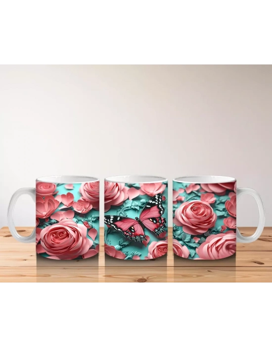 Turkuaz Zemin Üzerinde Pembe Kelebek – Baskılı Kahve Kupası