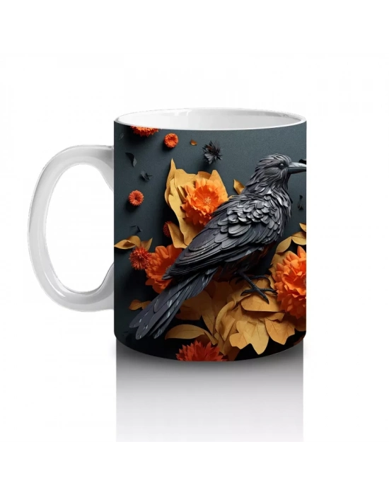 Turuncu Çiçekler Arasında Karga Silueti – Baskılı Kahve Kupası