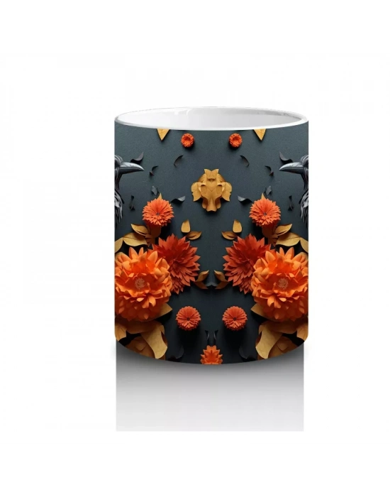 Turuncu Çiçekler Arasında Karga Silueti – Baskılı Kahve Kupası