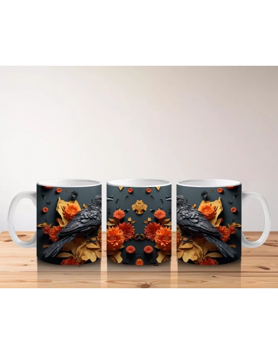 Turuncu Çiçekler Arasında Karga Silueti – Baskılı Kahve Kupası