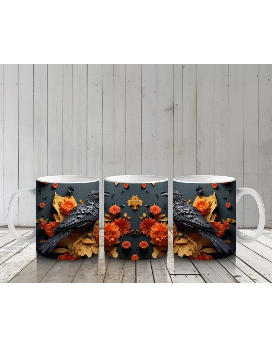 Turuncu Çiçekler Arasında Karga Silueti – Baskılı Kahve Kupası