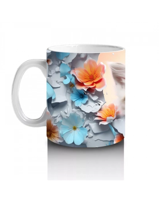 Turuncu Çiçekler Arasında Tatlı Kedi – Baskılı Kahve Kupası