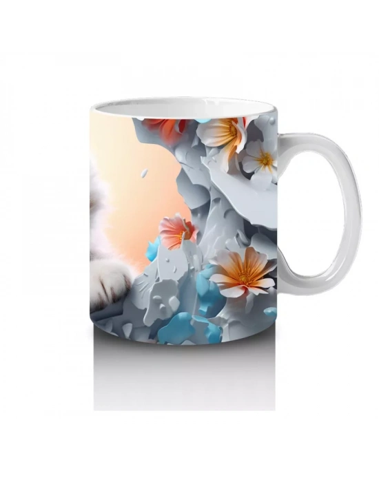 Turuncu Çiçekler Arasında Tatlı Kedi – Baskılı Kahve Kupası