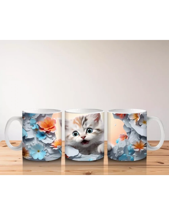 Turuncu Çiçekler Arasında Tatlı Kedi – Baskılı Kahve Kupası