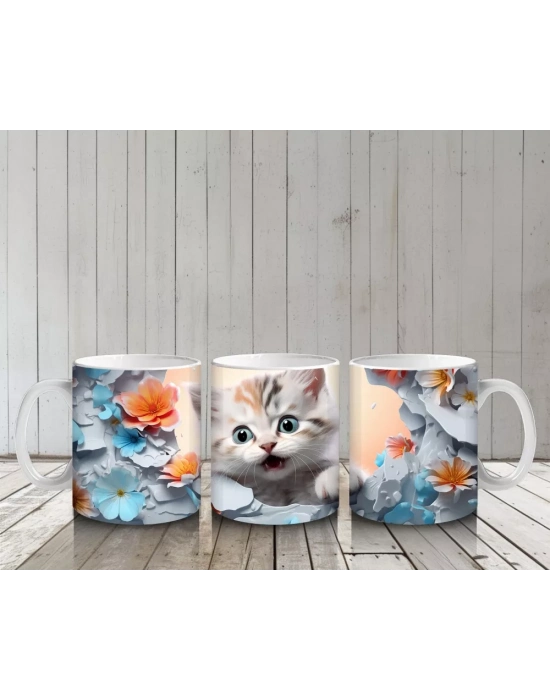 Turuncu Çiçekler Arasında Tatlı Kedi – Baskılı Kahve Kupası