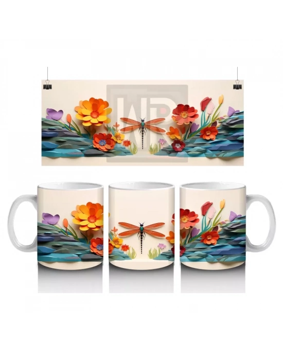 Turuncu Çiçekler Üzerinde Uçan Yusufçuk – Baskılı Kahve Kupası