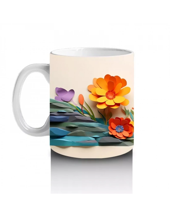 Turuncu Çiçekler Üzerinde Uçan Yusufçuk – Baskılı Kahve Kupası