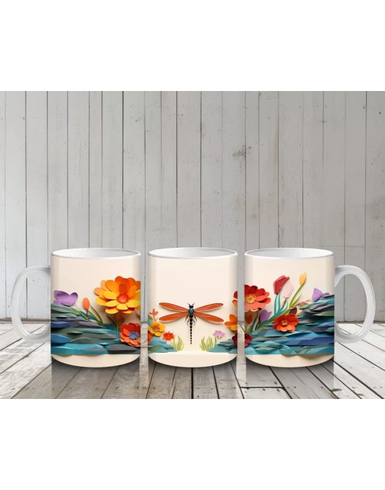 Turuncu Çiçekler Üzerinde Uçan Yusufçuk – Baskılı Kahve Kupası