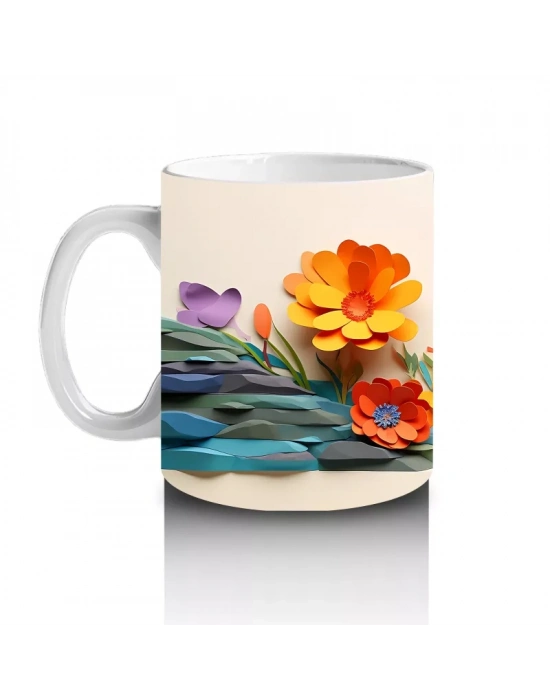 Turuncu Çiçekler ve Sinek Kuşu – Baskılı Kahve Kupası