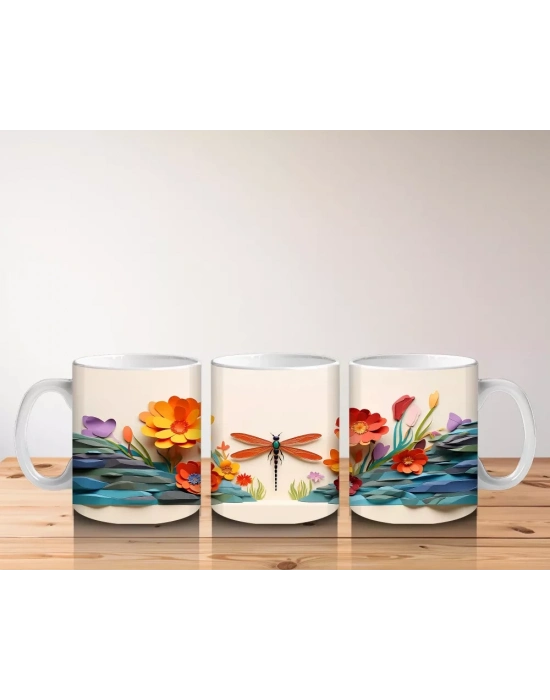 Turuncu Çiçekler ve Sinek Kuşu – Baskılı Kahve Kupası