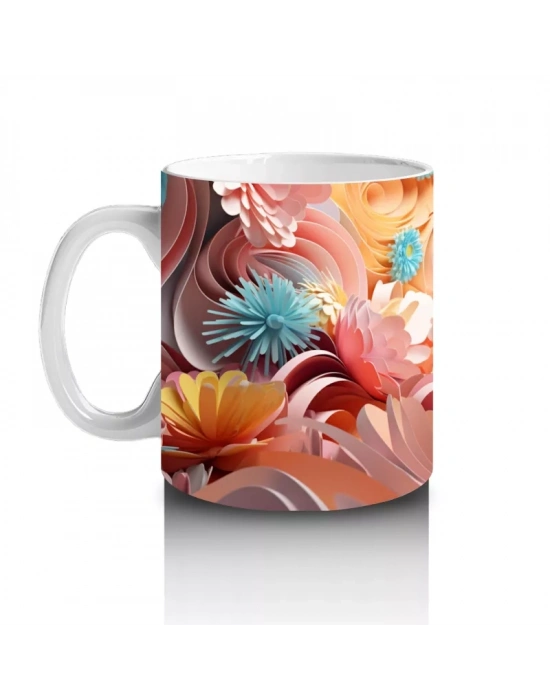 Turuncu Çiçeklerle Çevrili Parlak Gözlü Kedi – Baskılı Kahve Kupası