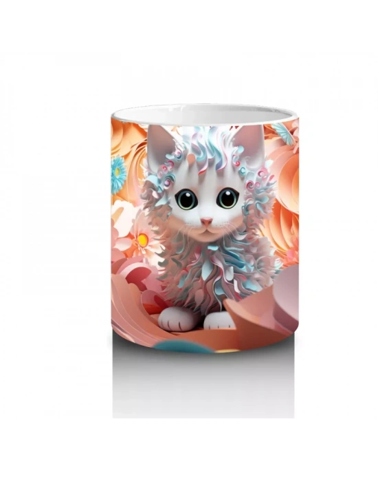 Turuncu Çiçeklerle Çevrili Parlak Gözlü Kedi – Baskılı Kahve Kupası