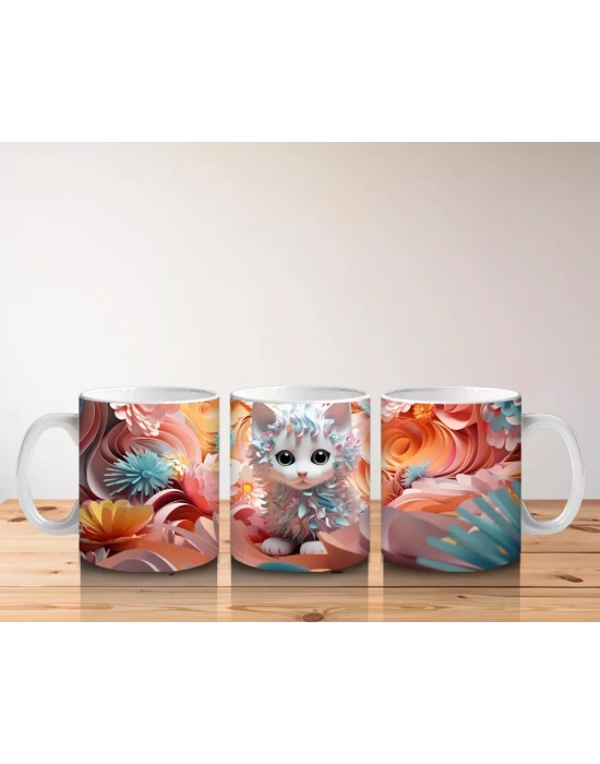 Turuncu Çiçeklerle Çevrili Parlak Gözlü Kedi – Baskılı Kahve Kupası