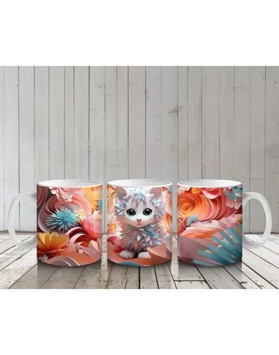 Turuncu Çiçeklerle Çevrili Parlak Gözlü Kedi – Baskılı Kahve Kupası