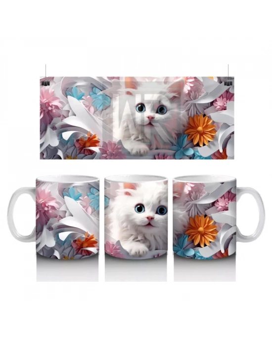Turuncu Çiçekli Arka Plan Üzerine Beyaz Kedi – Baskılı Kupa