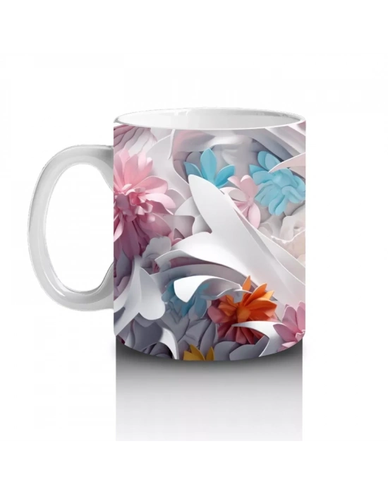 Turuncu Çiçekli Arka Plan Üzerine Beyaz Kedi – Baskılı Kupa