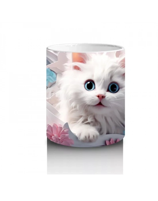 Turuncu Çiçekli Arka Plan Üzerine Beyaz Kedi – Baskılı Kupa