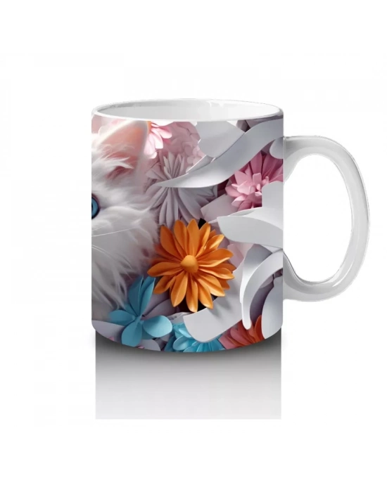 Turuncu Çiçekli Arka Plan Üzerine Beyaz Kedi – Baskılı Kupa