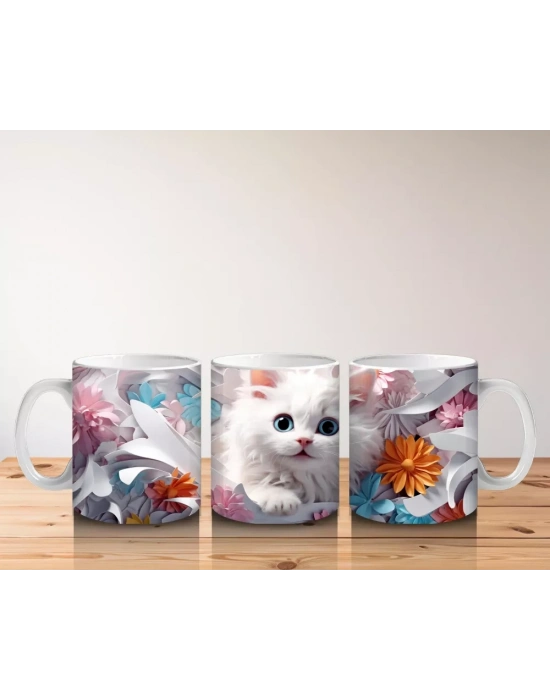 Turuncu Çiçekli Arka Plan Üzerine Beyaz Kedi – Baskılı Kupa