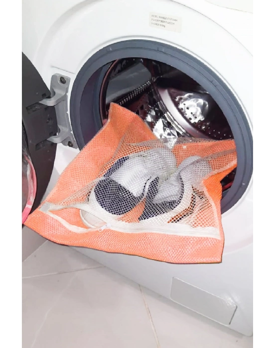 Turuncu - Fermuarlı - Hassas Çamaşır Terlik  Ayakkabı Yıkama Filesi Büyük Boy