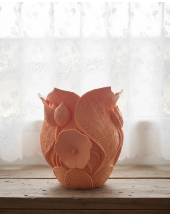 ® Turuncu Floral Tasarımlı 3D Vazo Şık Ev Dekorasyon Aksesuarı