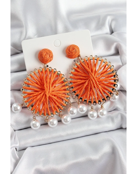 ® Turuncu Hasır Örgü Sarmal Model Sallantılı İnci Detaylı Gold Renk Kadın Küpe