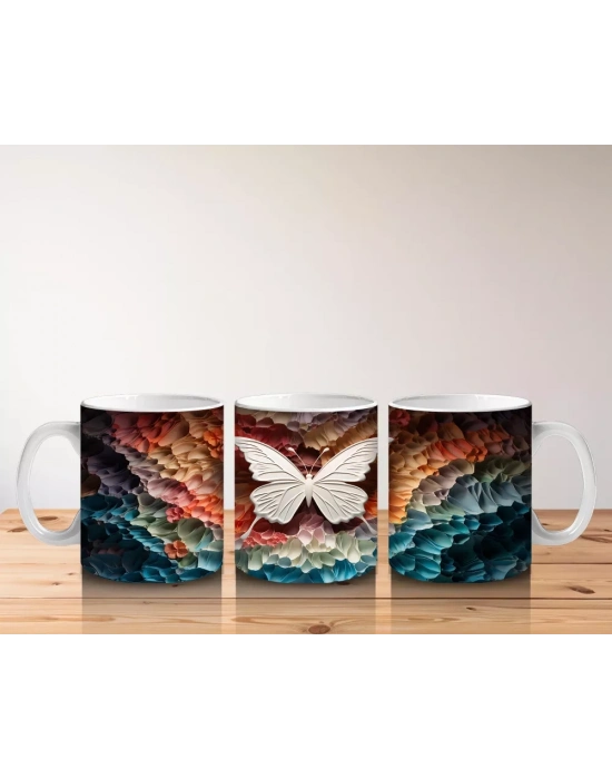 Turuncu Işıltılı Rölyef Doku Üzerinde Beyaz Kelebek – Baskılı Kahve Kupası