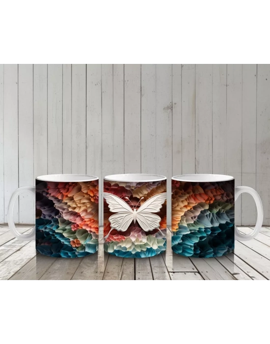 Turuncu Işıltılı Rölyef Doku Üzerinde Beyaz Kelebek – Baskılı Kahve Kupası