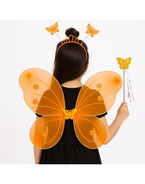 Turuncu Kelebek Kız Seti – 50 cm Kelebek Kanadı, Taç ve Asa