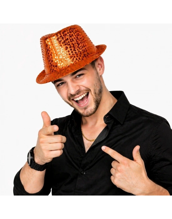Turuncu Payetli Disco Parti Şapkası Yetişkin Işıltılı Fötr Model