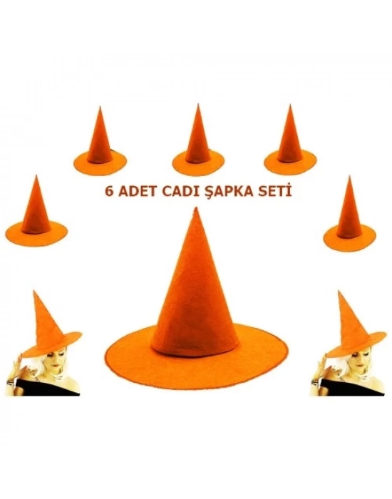 Turuncu Renk Keçe Cadı Şapkası 6 Adet