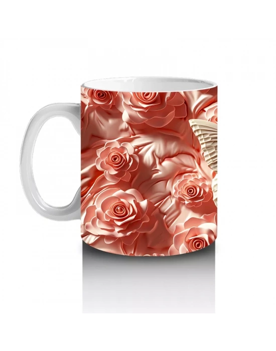 Turuncu Rölyef Çiçekler Arasında Krem Renkli Kelebek – Baskılı Kahve Kupası