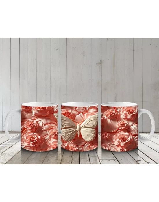 Turuncu Rölyef Çiçekler Arasında Krem Renkli Kelebek – Baskılı Kahve Kupası