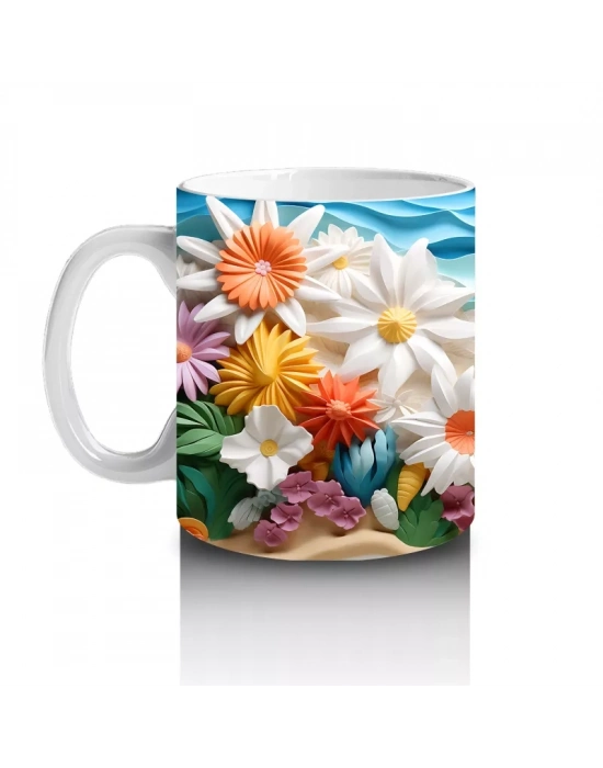 Turuncu Tonlarda Tropikal Kuşlar ve Çiçekler – Baskılı Kahve Kupası