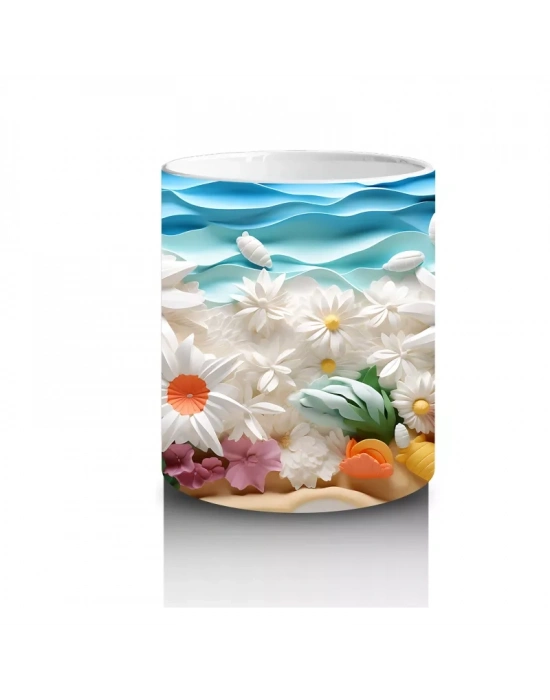 Turuncu Tonlarda Tropikal Kuşlar ve Çiçekler – Baskılı Kahve Kupası