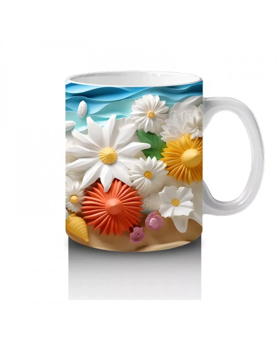 Turuncu Tonlarda Tropikal Kuşlar ve Çiçekler – Baskılı Kahve Kupası