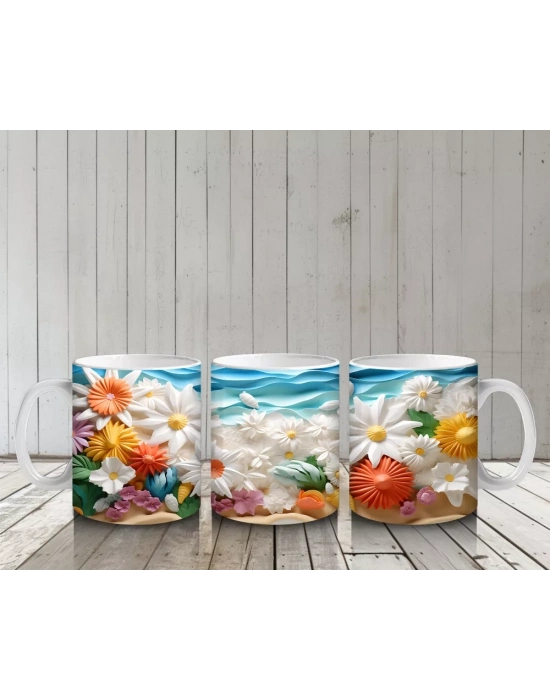 Turuncu Tonlarda Tropikal Kuşlar ve Çiçekler – Baskılı Kahve Kupası