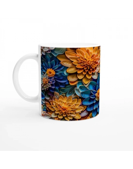 Turuncu ve Gece Mavisi Çiçekler Kupa Bardak