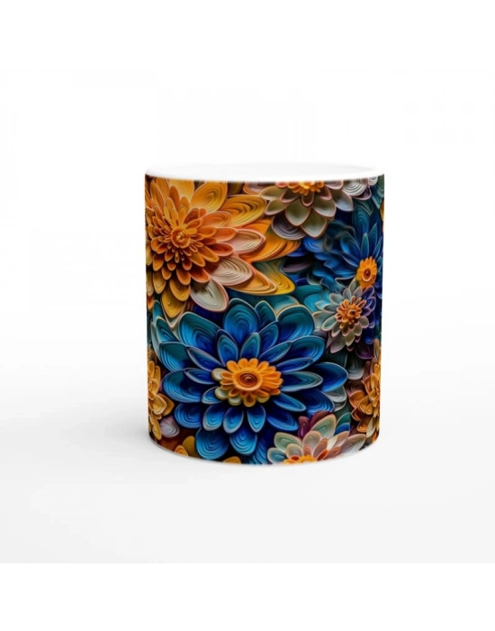 Turuncu ve Gece Mavisi Çiçekler Kupa Bardak