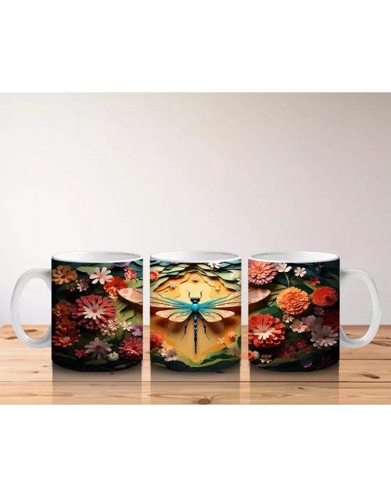 Turuncu ve Kırmızı Çiçeklerle Süslenmiş Yusufçuk – Baskılı Kupa Bardak