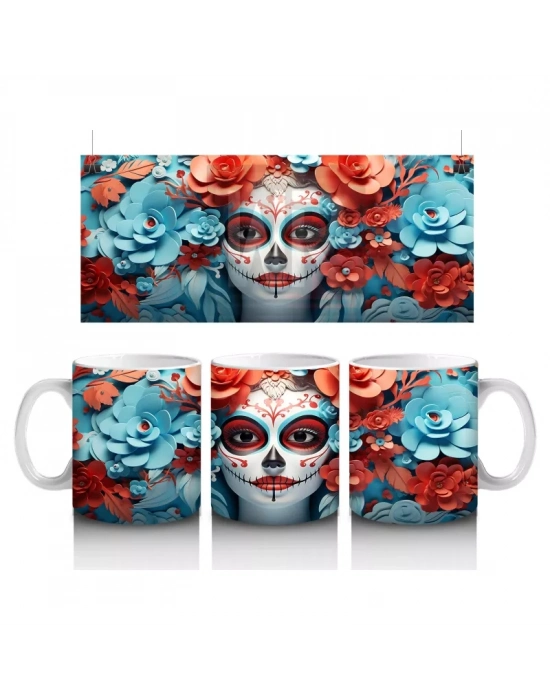 Turuncu ve Mavi Güller Arasında Gotik Yüz – Hediyelik Kahve Kupası