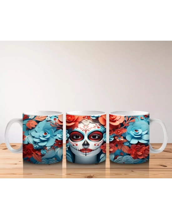 Turuncu ve Mavi Güller Arasında Gotik Yüz – Hediyelik Kahve Kupası