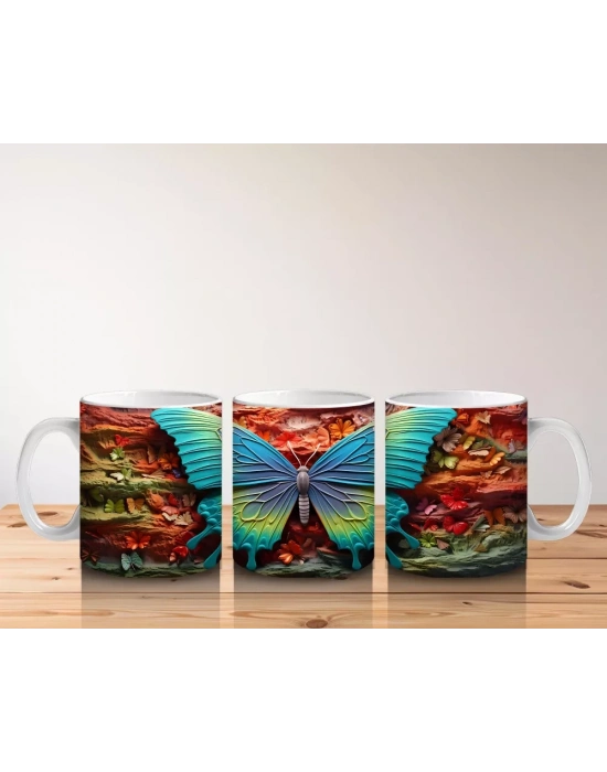 Turuncu ve Mavi Kanatlı Dev Kelebek Deseni – Baskılı Kahve Kupası