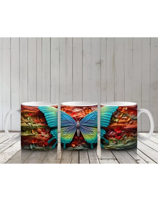 Turuncu ve Mavi Kanatlı Dev Kelebek Deseni – Baskılı Kahve Kupası