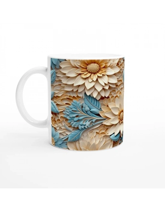 Turuncu ve Mavi Rölyef Çiçeklerle Bezenmiş Kupa Bardak