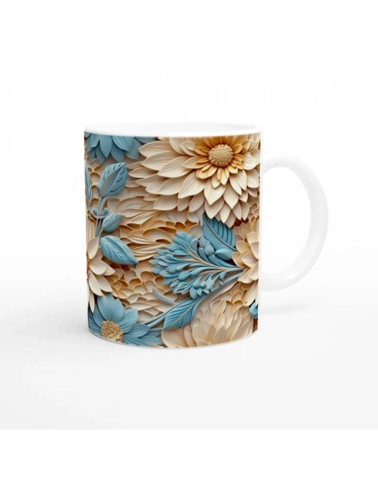 Turuncu ve Mavi Rölyef Çiçeklerle Bezenmiş Kupa Bardak