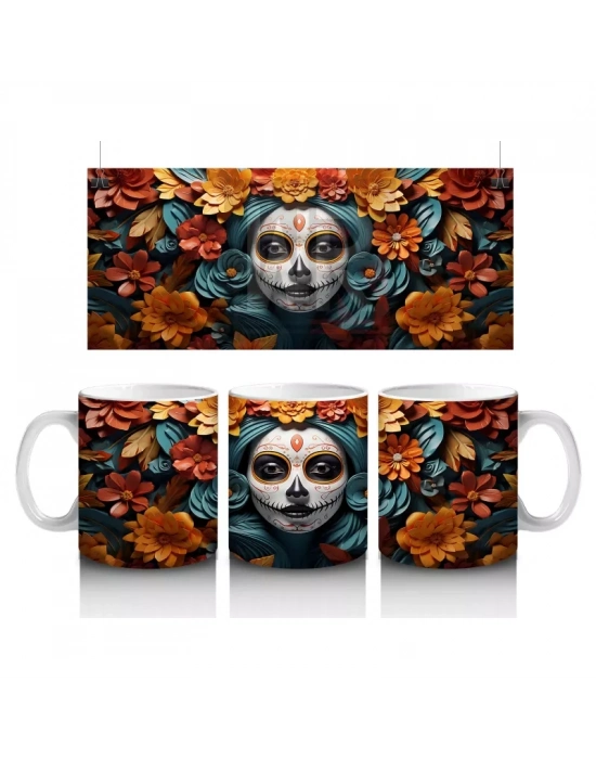 Turuncu ve Mavi Yapraklar Arasında Kafatası – Hediyelik Kahve Kupası